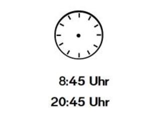 Uhrzeiger eintragen: Acht Uhr fünf und vierzig - 8:45